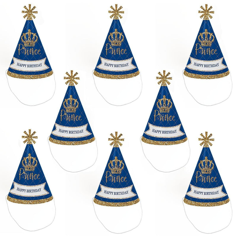 Royal Prince Charming - Cone Happy Birthday Party Hats for Kids and Adults - Set of 8 (Standard Size)