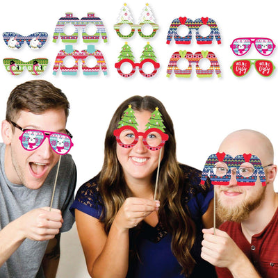 Wild and Ugly Sweater Party Glasses and Masks - Paper Card Stock Holiday and Christmas Animals Party Photo Booth Props Kit - 10 Count