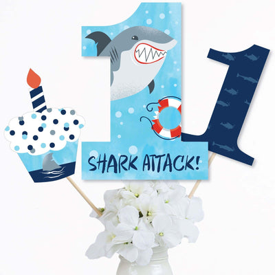 1st Birthday Shark Zone - Jawsome Shark First Birthday Party Centerpiece Sticks - Table Toppers - Set of 15