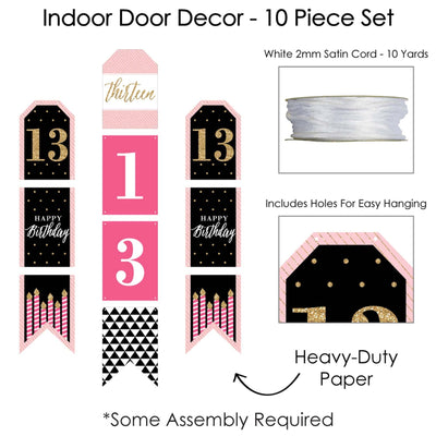 Chic 13th Birthday - Pink, Black and Gold - Hanging Vertical Paper Door Banners - Birthday Party Wall Decoration Kit - Indoor Door Decor