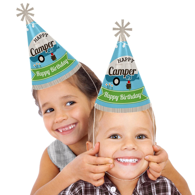 Happy Camper - Cone Camping Happy Birthday Party Hats for Kids and Adults - Set of 8 (Standard Size)