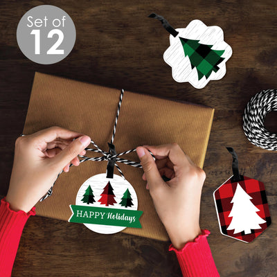 Holiday Plaid Trees - Assorted Hanging Buffalo Plaid Christmas Party Favor Tags - Gift Tag Toppers - Set of 12