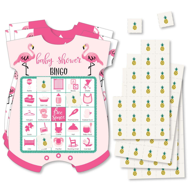 Pink Flamingo - Party Like a Pineapple - Picture Bingo Cards and Markers - Tropical Summer Baby Shower Shaped Bingo Game - Set of 18