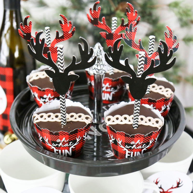 Prancing Plaid - Buffalo Plaid Holiday Party Decorations - Party Cupcake Wrappers - Set of 12