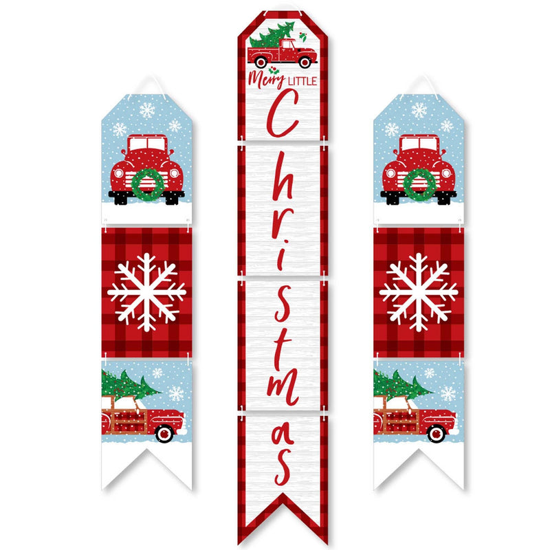 Merry Little Christmas Tree - Hanging Vertical Paper Door Banners - Red Truck and Car Christmas Party Wall Decoration Kit - Indoor Door Decor