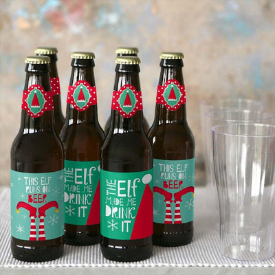 Elf Squad - Decorations for Women and Men - 6 Kids Elf Christmas and Birthday Party Beer Bottle Label Stickers and 1 Carrier