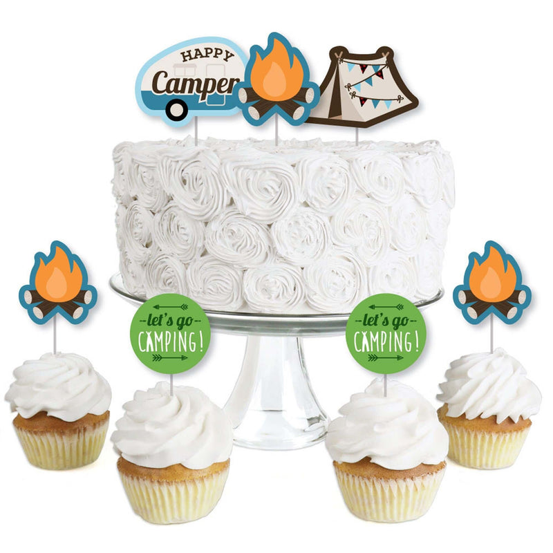 Happy Camper - Dessert Cupcake Toppers - Camping Baby Shower or Birthday Party Clear Treat Picks - Set of 24