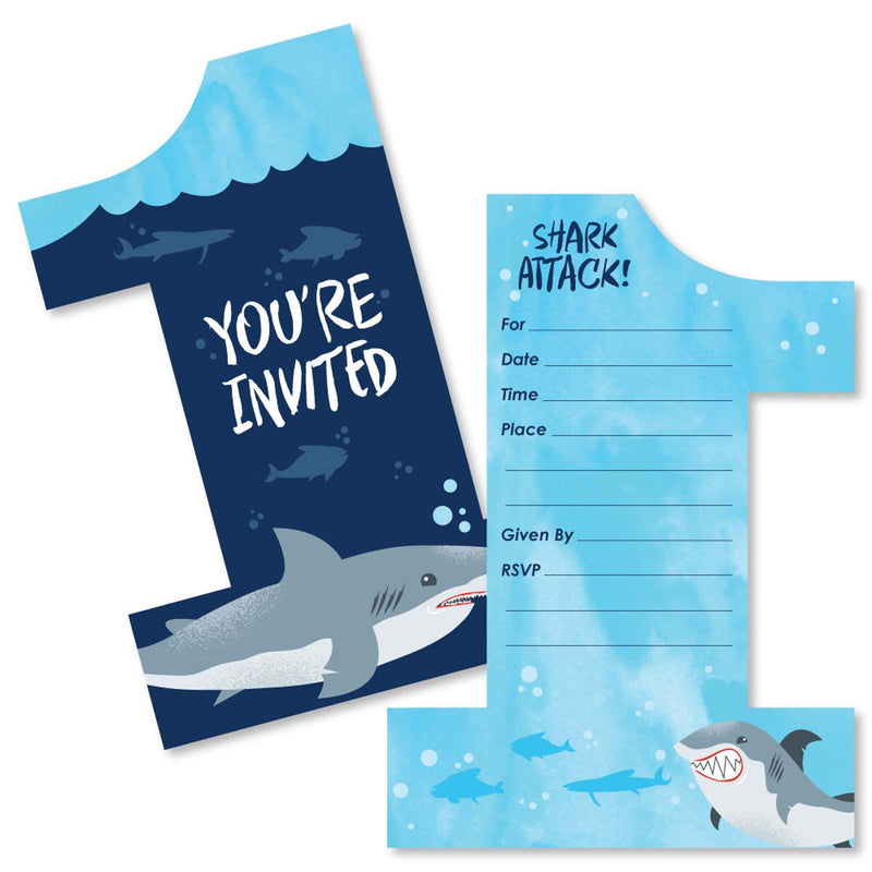 1st Birthday Shark Zone - Shaped Fill-In Invitations - Jawsome Shark First Birthday Party Invitation Cards with Envelopes - Set of 12