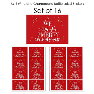 Red and Gold Friendsmas - Mini Wine and Champagne Bottle Label Stickers - Friends Christmas Party Favor Gift - For Women and Men - Set of 16