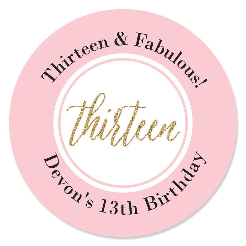 Chic 13th Birthday - Pink, Black and Gold - Personalized Birthday Party Circle Sticker Labels - 24 ct