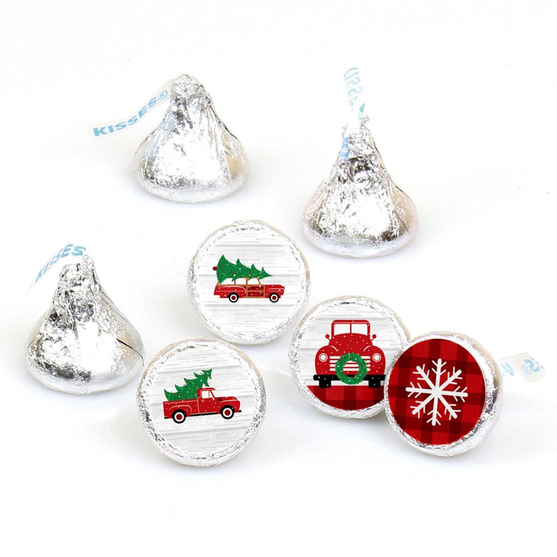 Merry Little Christmas Tree - Round Candy Labels Red Truck and Car Christmas Party Favors - Fits Hershey&