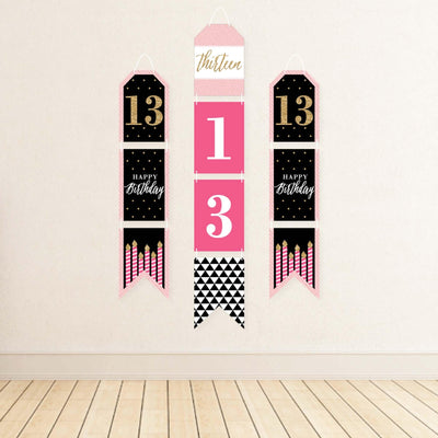 Chic 13th Birthday - Pink, Black and Gold - Hanging Vertical Paper Door Banners - Birthday Party Wall Decoration Kit - Indoor Door Decor