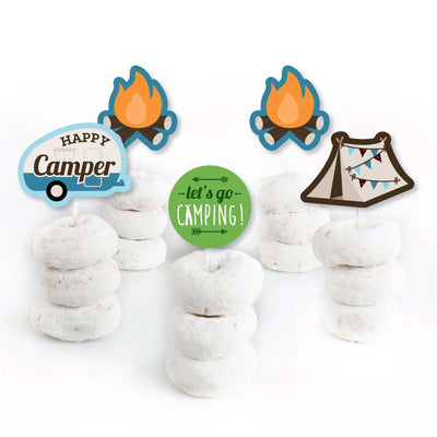 Happy Camper - Dessert Cupcake Toppers - Camping Baby Shower or Birthday Party Clear Treat Picks - Set of 24