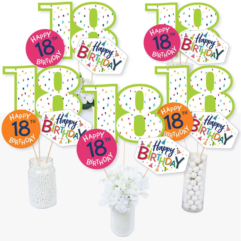 18th Birthday - Cheerful Happy Birthday - Colorful Eighteenth Birthday Party Centerpiece Sticks - Table Toppers - Set of 15