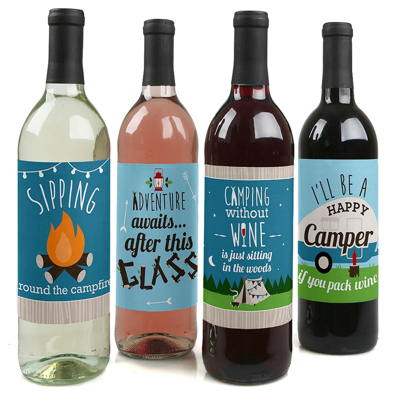 Happy Camper - Camping Baby Shower or Birthday Party Decorations for Women and Men - Wine Bottle Label Stickers - Set of 4