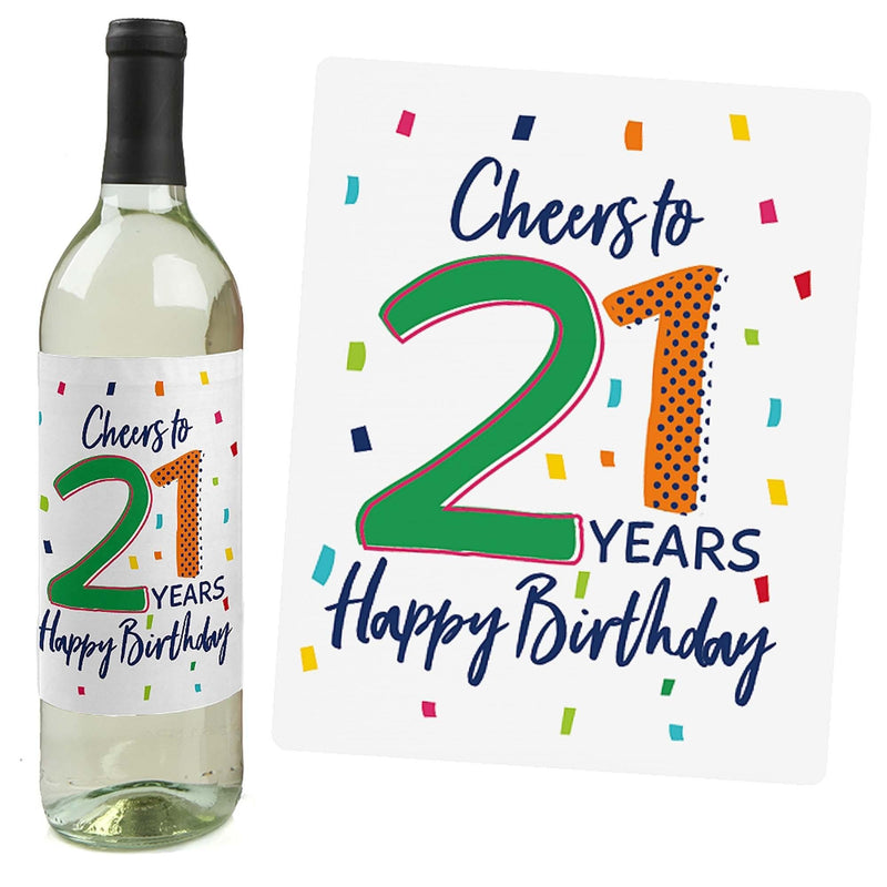 21st Birthday - Cheerful Happy Birthday - Decorations for Women and Men - Wine Bottle Label Colorful Twenty-First Birthday Party Gift - Set of 4