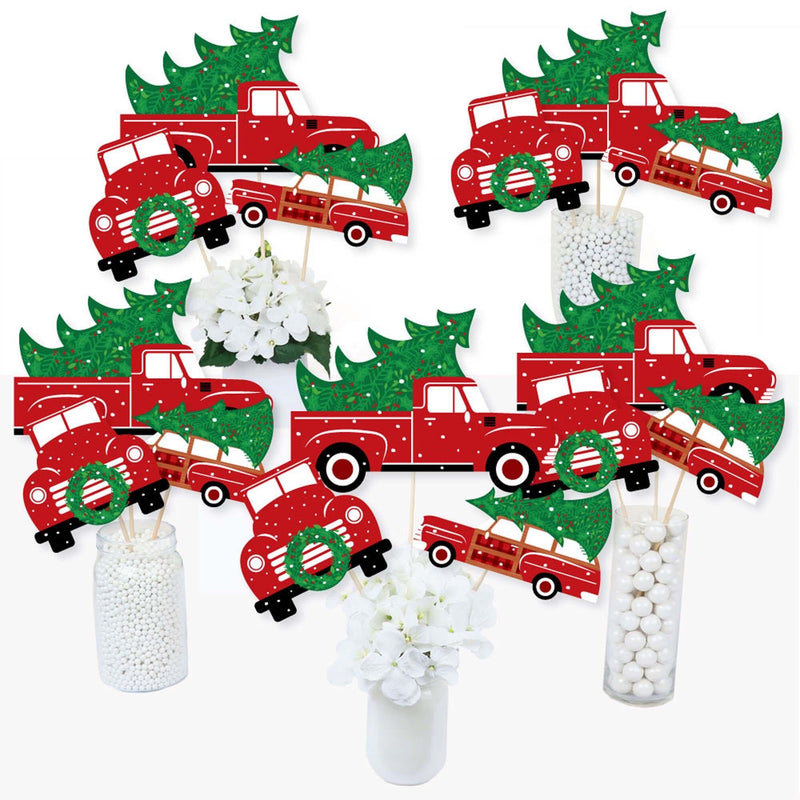 Merry Little Christmas Tree - Red Truck and Car Christmas Party Centerpiece Sticks - Table Toppers - Set of 15