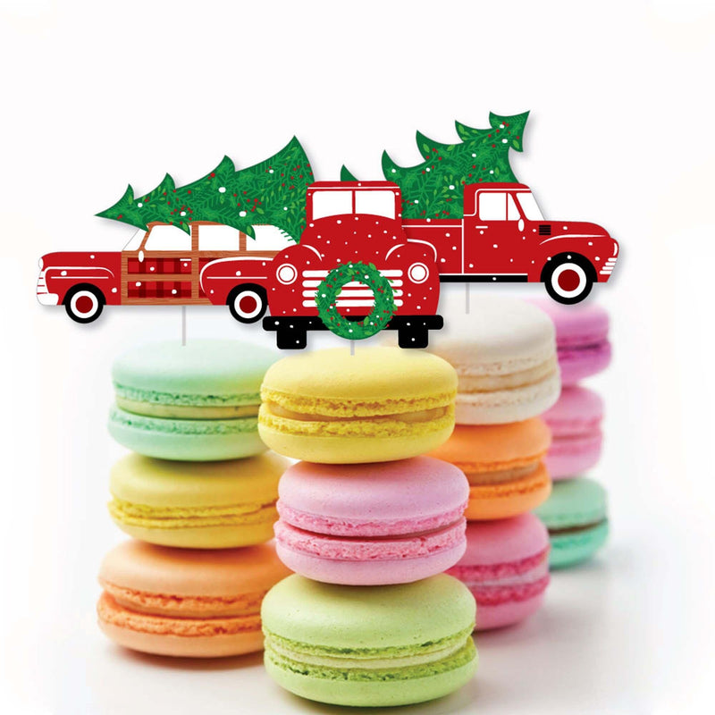 Merry Little Christmas Tree - Dessert Cupcake Toppers - Red Truck and Car Christmas Party Clear Treat Picks - Set of 24