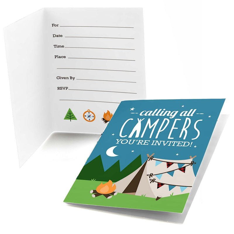 Happy Camper - Fill In Camping Baby Shower or Birthday Party Invitations - 8 ct