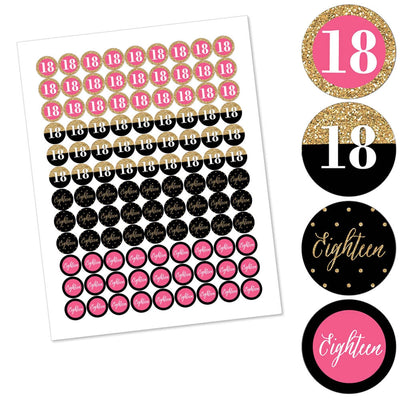 Chic 18th Birthday - Pink, Black and Gold - Round Candy Labels Birthday Party Favors - Fits Hershey's Kisses - 108 ct