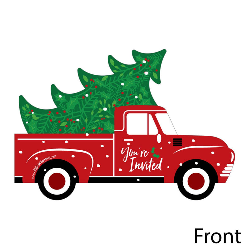 Merry Little Christmas Tree - Shaped Fill-In Invitations - Red Truck and Car Christmas Party Invitation Cards with Envelopes - Set of 12