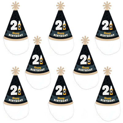 Cheers and Beers to 21 Years - Cone Happy Birthday Party Hats for Adults - Set of 8 (Standard Size)