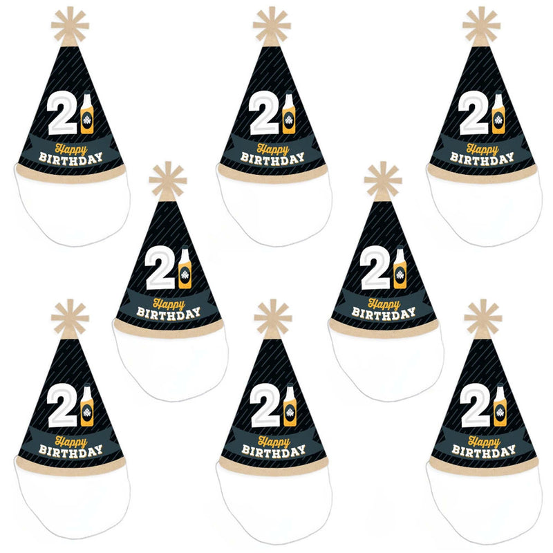 Cheers and Beers to 21 Years - Cone Happy Birthday Party Hats for Adults - Set of 8 (Standard Size)