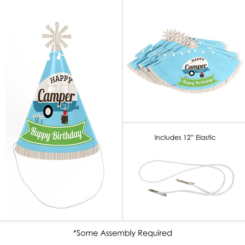 Happy Camper - Cone Camping Happy Birthday Party Hats for Kids and Adults - Set of 8 (Standard Size)