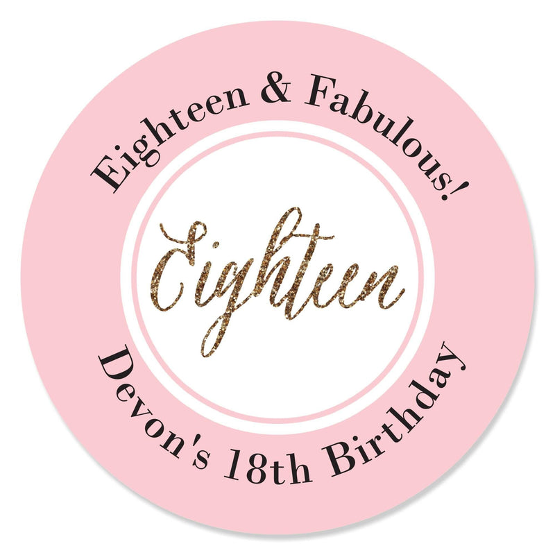 Chic 18th Birthday - Pink, Black and Gold - Personalized Birthday Party Circle Sticker Labels - 24 ct