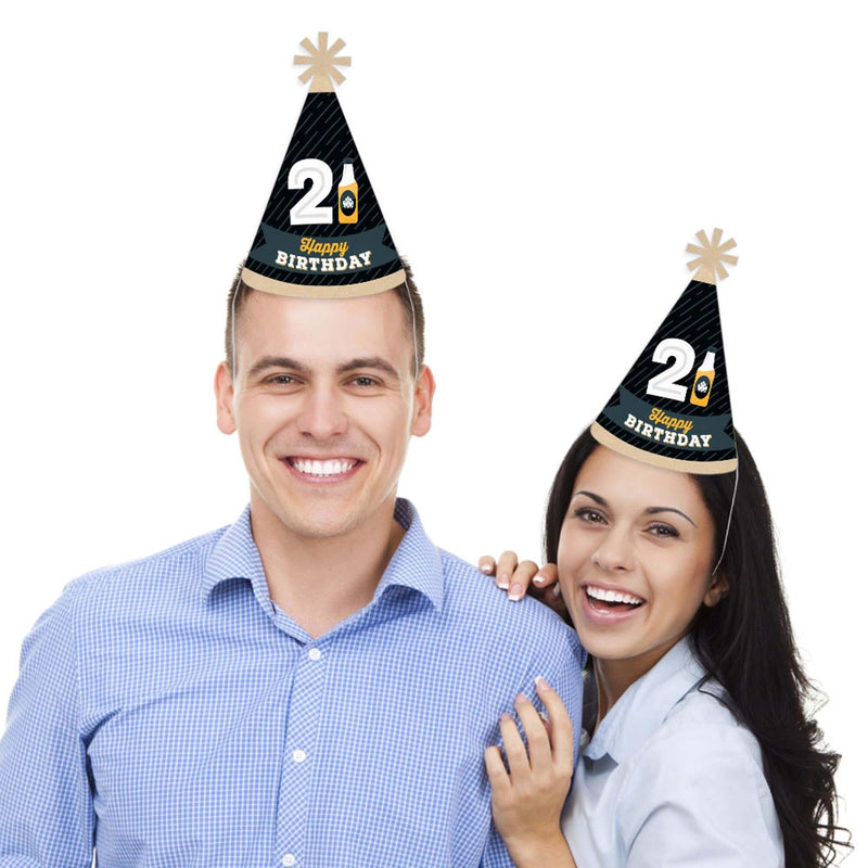 Cheers and Beers to 21 Years - Cone Happy Birthday Party Hats for Adults - Set of 8 (Standard Size)