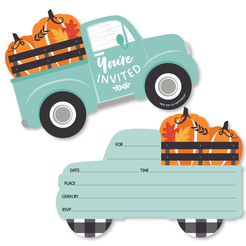 Happy Fall Truck - Shaped Fill-In Invitations - Harvest Pumpkin Party Invitation Cards with Envelopes - Set of 12