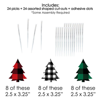 Holiday Plaid Trees - Dessert Cupcake Toppers - Buffalo Plaid Christmas Party Clear Treat Picks - Set of 24