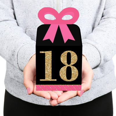 Chic 18th Birthday - Pink, Black and Gold - Square Favor Gift Boxes - Birthday Party Bow Boxes - Set of 12