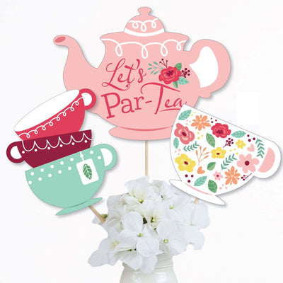 Floral Let's Par-Tea - Garden Tea Party Centerpiece Sticks - Table Toppers - Set of 15