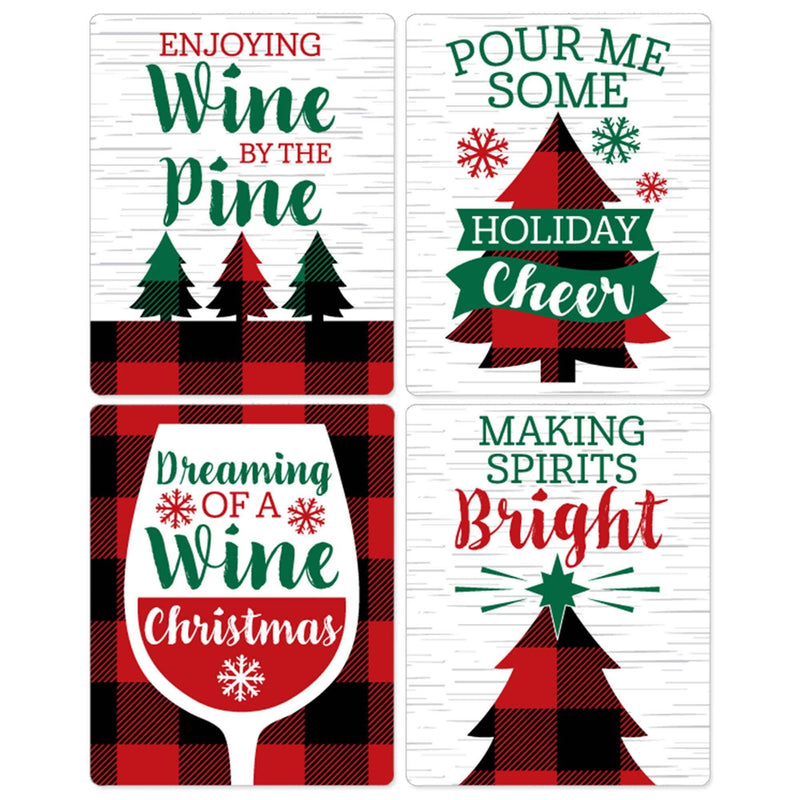 Holiday Plaid Trees - Buffalo Plaid Christmas Party Decorations for Women and Men - Wine Bottle Label Stickers - Set of 4