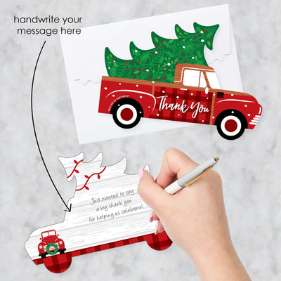 Merry Little Christmas Tree - Shaped Thank You Cards - Red Truck Christmas Party Thank You Note Cards with Envelopes - Set of 12