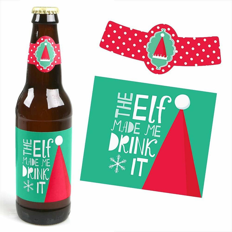 Elf Squad - Decorations for Women and Men - 6 Kids Elf Christmas and Birthday Party Beer Bottle Label Stickers and 1 Carrier