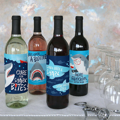 Shark Zone - Jawsome Shark Party Decorations for Women and Men - Wine Bottle Label Stickers - Set of 4