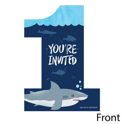 1st Birthday Shark Zone - Shaped Fill-In Invitations - Jawsome Shark First Birthday Party Invitation Cards with Envelopes - Set of 12