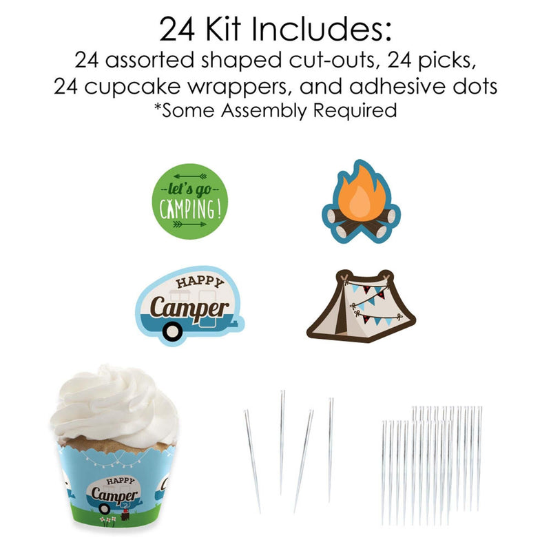 Happy Camper - Cupcake Decoration - Camping Baby Shower or Birthday Party Cupcake Wrappers and Treat Picks Kit - Set of 24