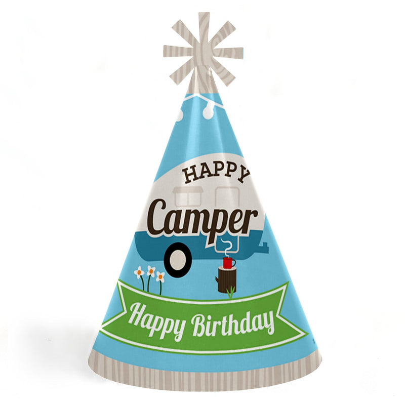 Happy Camper - Cone Camping Happy Birthday Party Hats for Kids and Adults - Set of 8 (Standard Size)