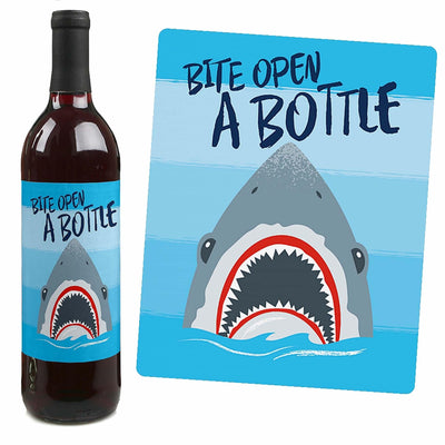 Shark Zone - Jawsome Shark Party Decorations for Women and Men - Wine Bottle Label Stickers - Set of 4