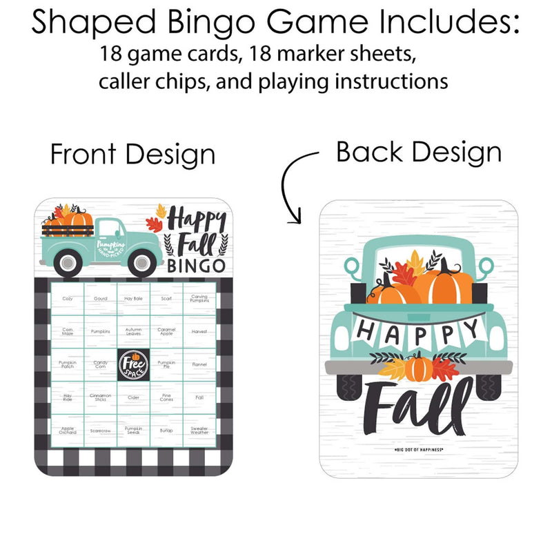 Happy Fall Truck - Bingo Cards and Markers - Harvest Pumpkin Party Bingo Game - Set of 18