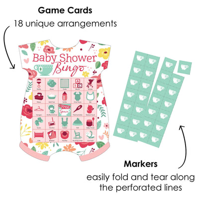 Floral Let's Par-Tea - Picture Bingo Cards and Markers - Garden Tea Party Baby Shower Shaped Bingo Game - Set of 18