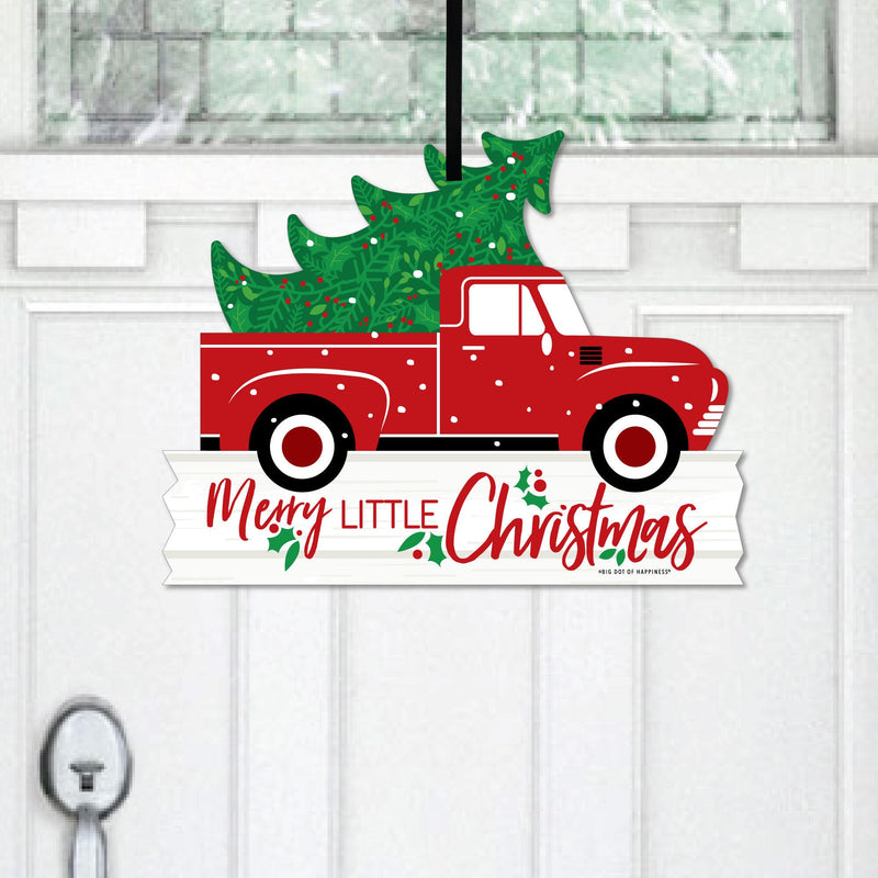 Merry Little Christmas Tree - Hanging Porch Red Truck Christmas Party Outdoor Decorations - Front Door Decor - 1 Piece Sign