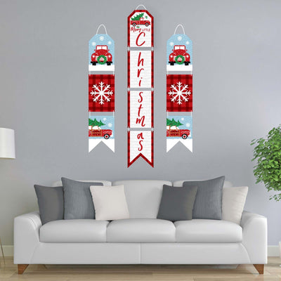 Merry Little Christmas Tree - Hanging Vertical Paper Door Banners - Red Truck and Car Christmas Party Wall Decoration Kit - Indoor Door Decor