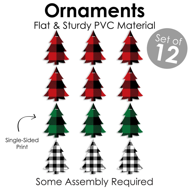 Holiday Plaid Trees - Buffalo Plaid Christmas Party Decorations - Christmas Tree Ornaments - Set of 12