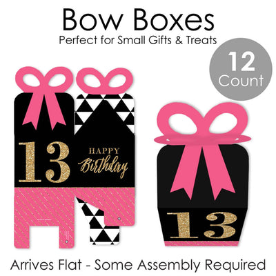 Chic 13th Birthday - Pink, Black and Gold - Square Favor Gift Boxes - Birthday Party Bow Boxes - Set of 12