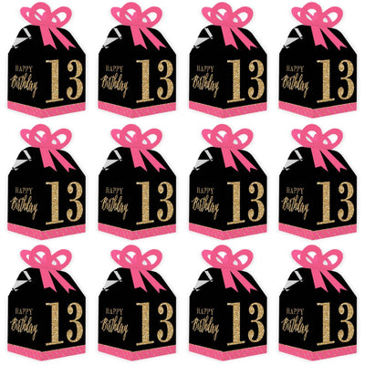 Chic 13th Birthday - Pink, Black and Gold - Square Favor Gift Boxes - Birthday Party Bow Boxes - Set of 12