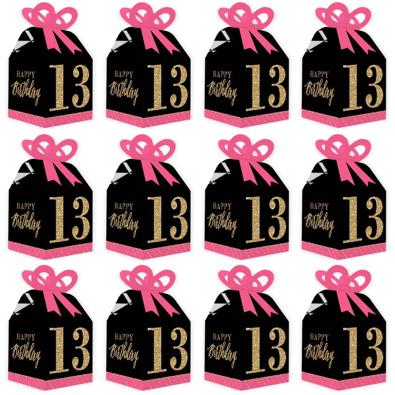 Chic 13th Birthday - Pink, Black and Gold - Square Favor Gift Boxes - Birthday Party Bow Boxes - Set of 12